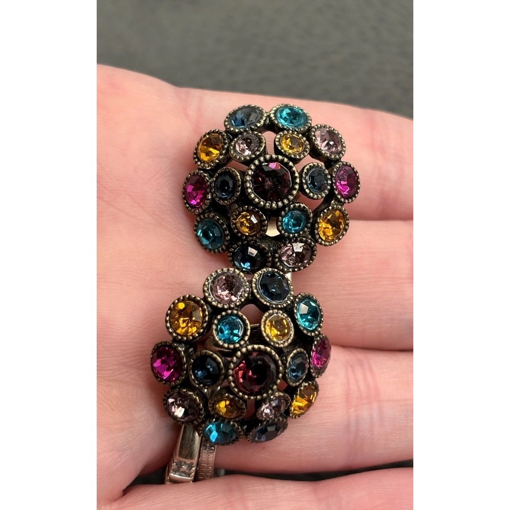 Vintage Multicolor Rhinestone Dome Cluster Statement Brass Tone Clip On Earrings